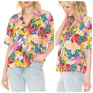 April Kiss Tropical Button Up Top Bold Floral Print Women's Size Large